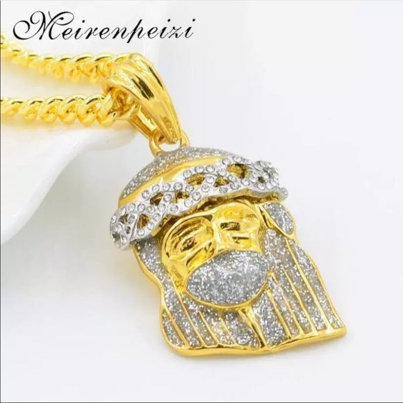 NEW Mens Jesus face crown gold color necklace